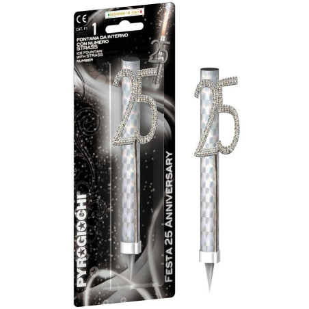 Candela Fiaccola 25 anni - Fontana per Torta con numero glitterato Argento