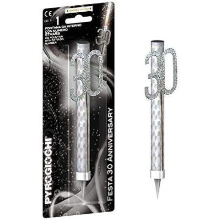 Candela Fiaccola 30 anni - Fontana per Torta con numero glitterato Argento