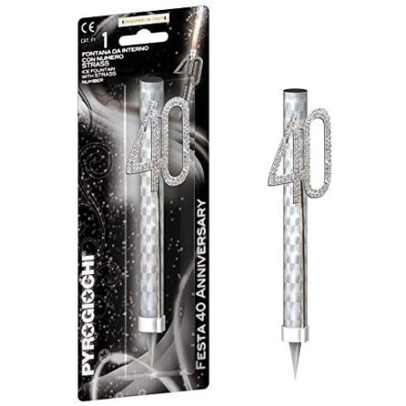 Candela Fiaccola 40 anni - Fontana per Torta con numero glitterato Argento
