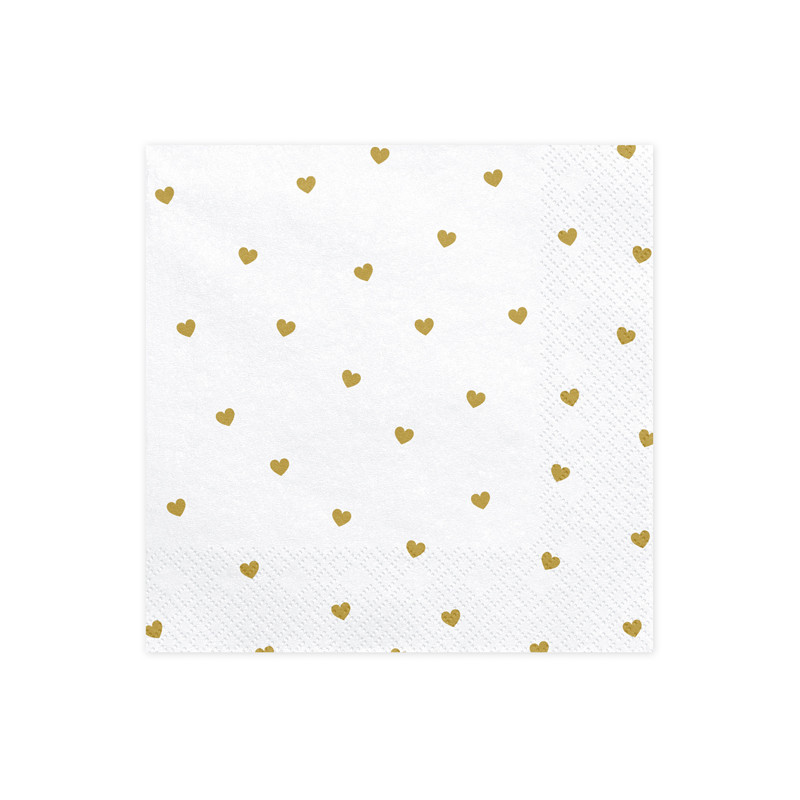 20 Tovaglioli in carta Bianco e CUORI ORO - decoro tavola matrimonio - 33x33cm
