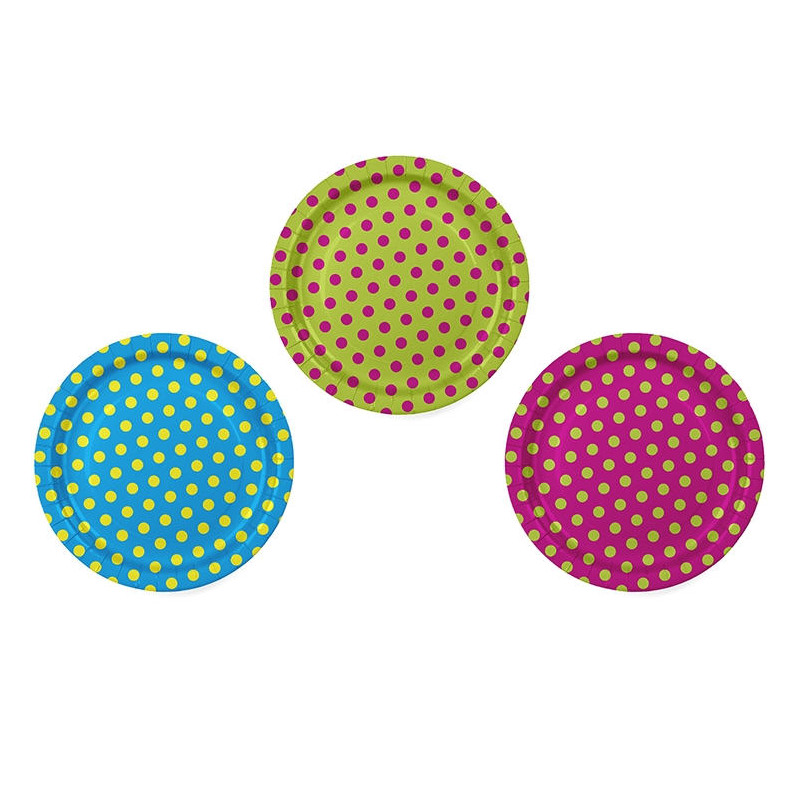6 PIATTI Pois multicolor - per feste, party, compleanni bambini - 23cm