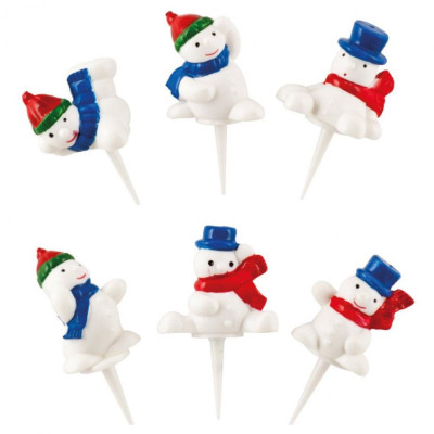 6 Picks in plastica Pupazzo di Neve - ideali per decorazioni dolci e salati