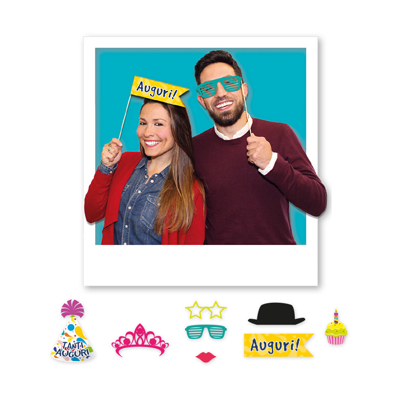 8 BASTONCINI SELFIE Auguri compleanno bocca, occhiali, cappello PRONTI ALL'USO!