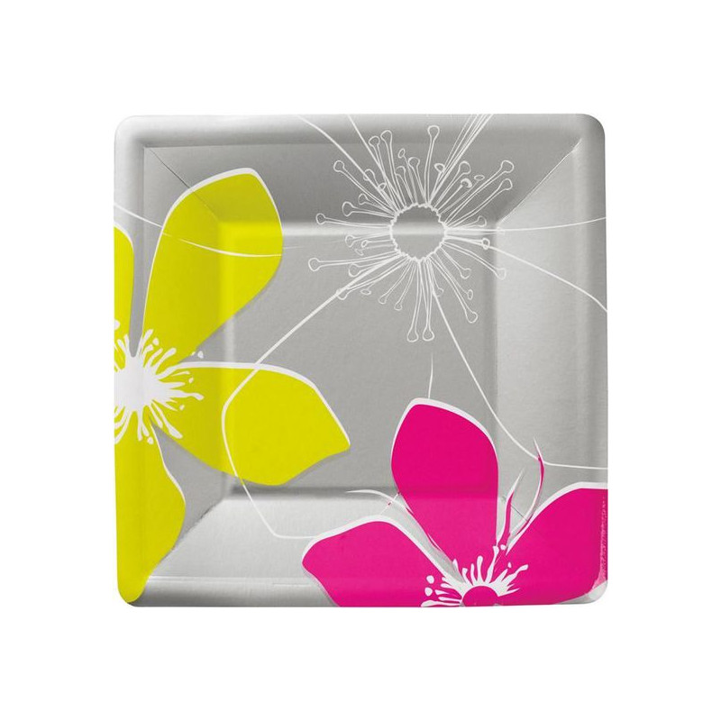 8 Piatti Argento con fiori Fuxia e Verde in carta - piatto quadrato 27x27cm