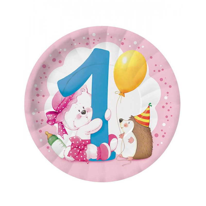 8 Piatti in carta 1° COMPLEANNO ROSA Ø23cm