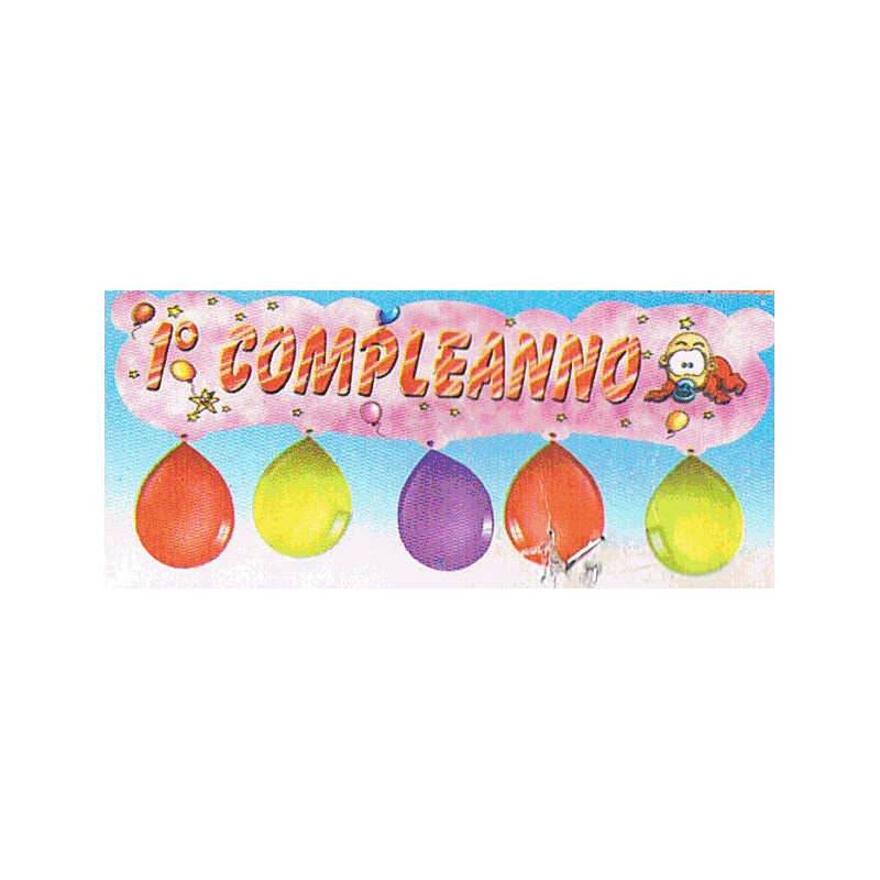 BANNER 1° COMPLEANNO ROSA CON PALLONCINI 1,10MT