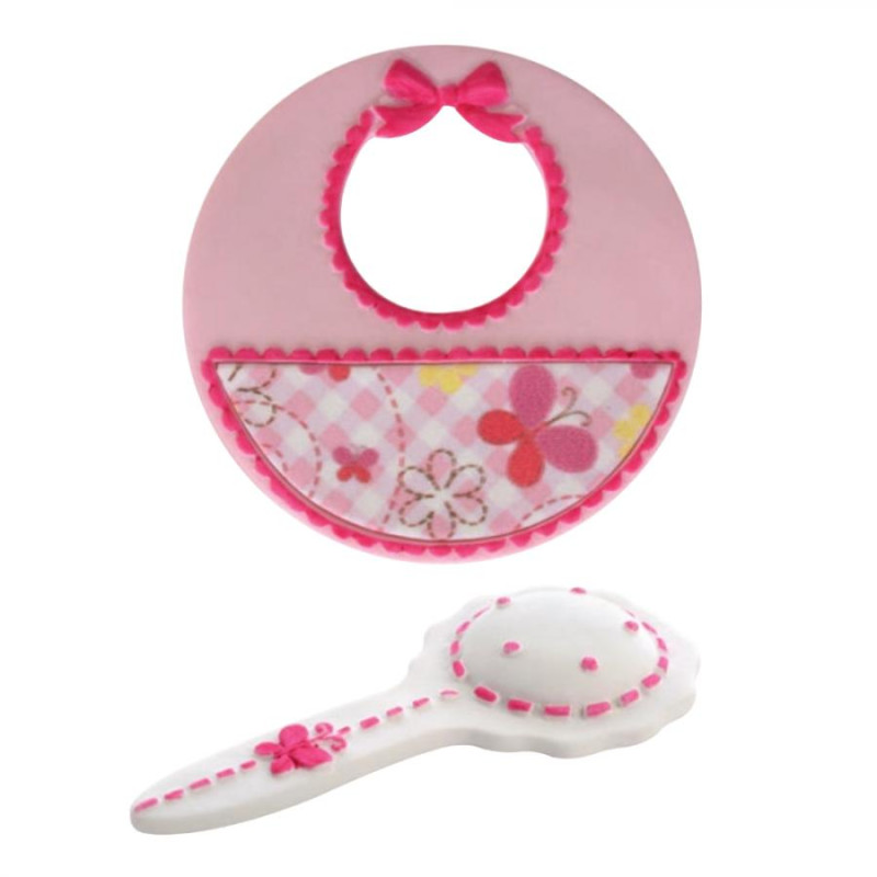 Bavaglino sonaglio ROSA in zucchero decoro torta nascita battesimo 1 compleanno