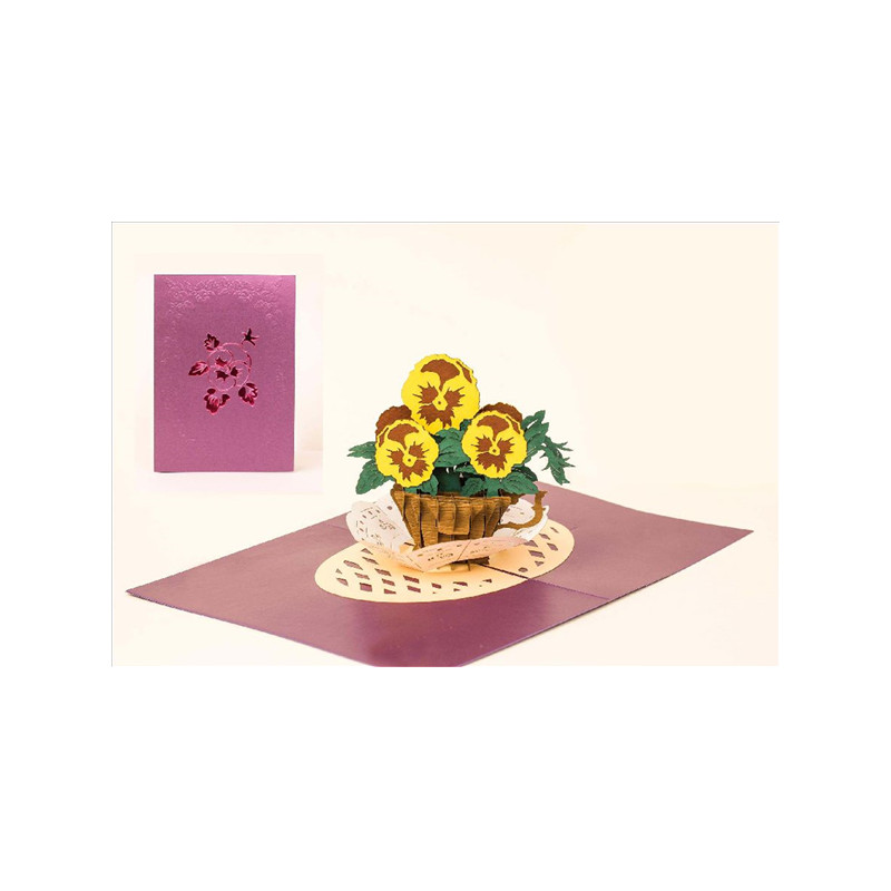 Biglietto augurale ORIGAMO con VIOLA DEL PENSIERO - compleanno generico - POP UP - realizzato a mano