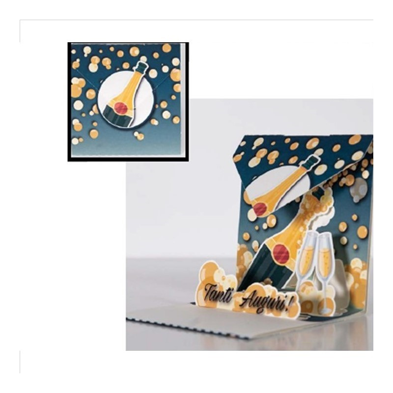 Biglietto augurale ORIGAMO Spumante  Tanti Auguri - Abbracci POP UP