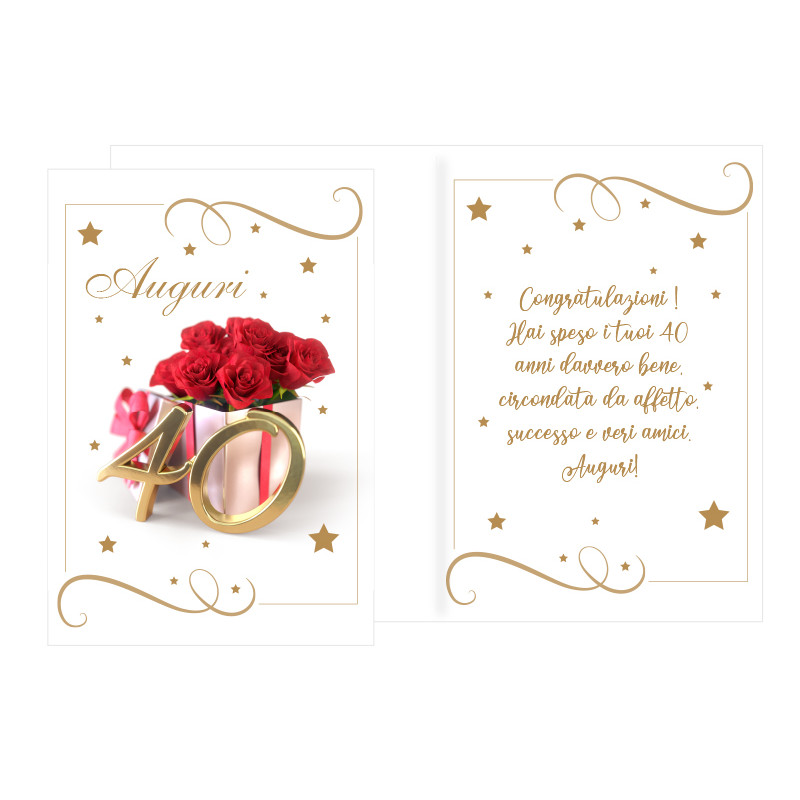 Biglietto d'auguri augurale 40 anni Compleanno Oro con Rose - completo di busta