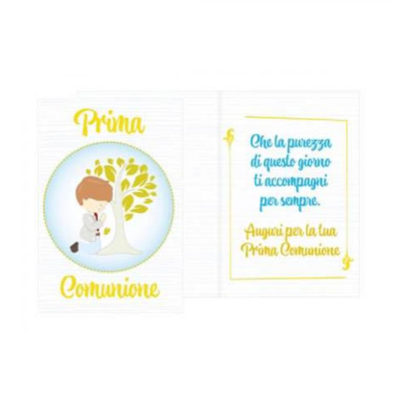 Biglietto di Auguri Comunione Albero della Vita Bimbo in preghiera Bambino