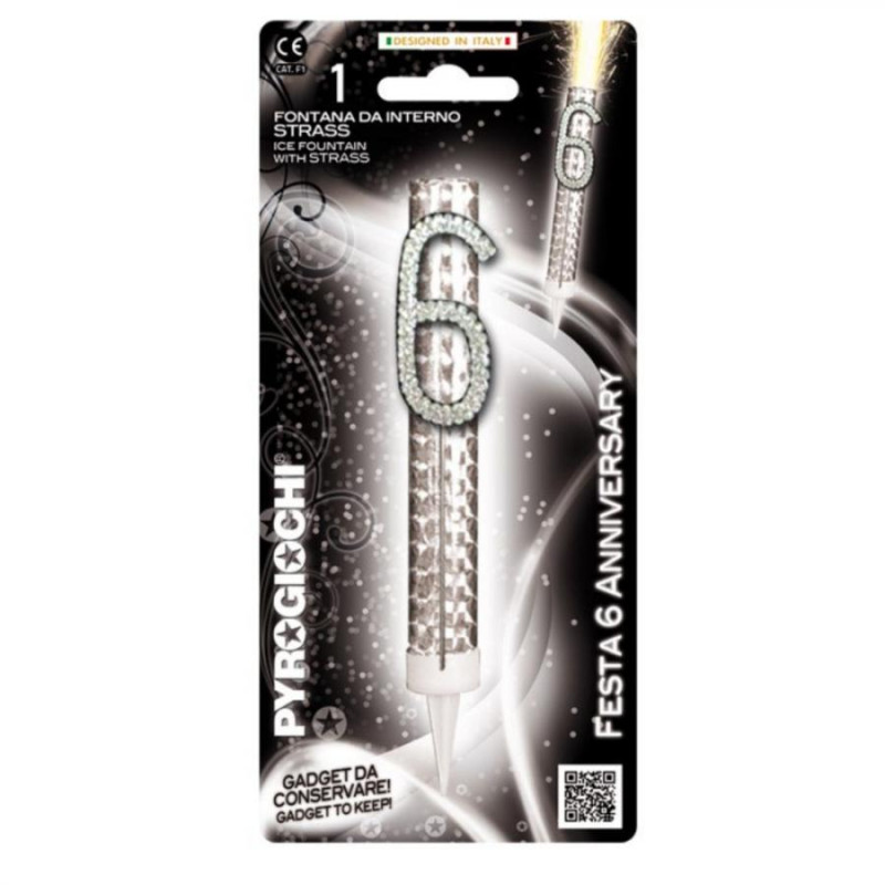 Candela Fiaccola Numero 6 Argento Glitter Fontana da interno Magic Flambè