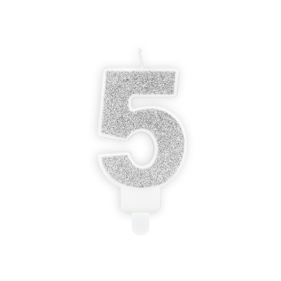 CANDELA numero 5 Argento GLITTER per torta - candelina in cera numerale per dolci