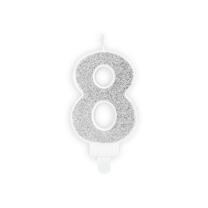 CANDELA numero 8 Argento GLITTER per torta - candelina in cera numerale per dolci