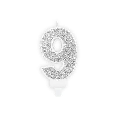 CANDELA numero 9 Argento GLITTER per torta - candelina in cera numerale per dolci