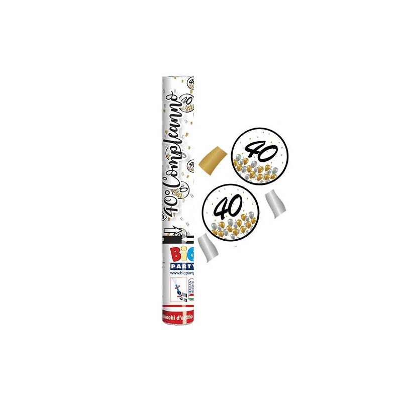 Cannone SPARACORIANDOLI 40 ANNI ORO, Argento, Nero- Tubo lancia coriandoli 30cm