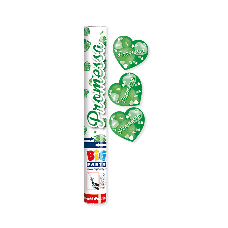 Cannone SPARACORIANDOLI CUORI Verde PROMESSA - Tubo lancia coriandoli 30cm