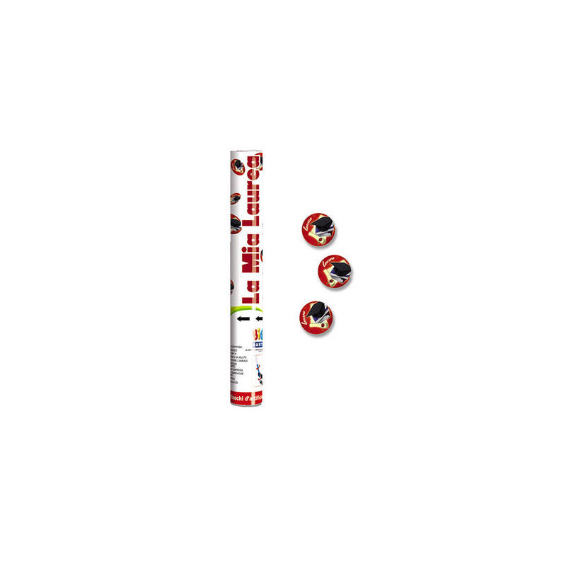 Cannone SPARACORIANDOLI LAUREA con pergamena e tocco- Tubo lancia coriandoli 30cm