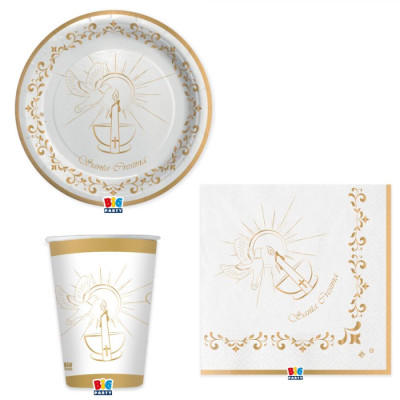 Coordinato feste tavola SANTA CRESIMA Bianco e Oro piatti bicchieri tovaglioli