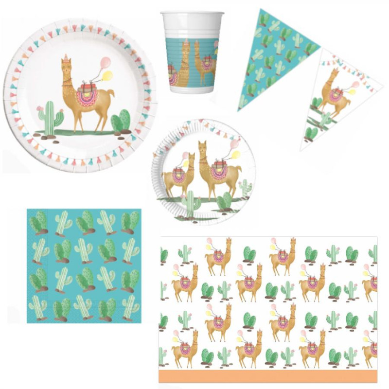 Coordinato tavola festa deserto con LAMA e cactus - piatti, bicchieri, tovaglioli, festone tovaglia