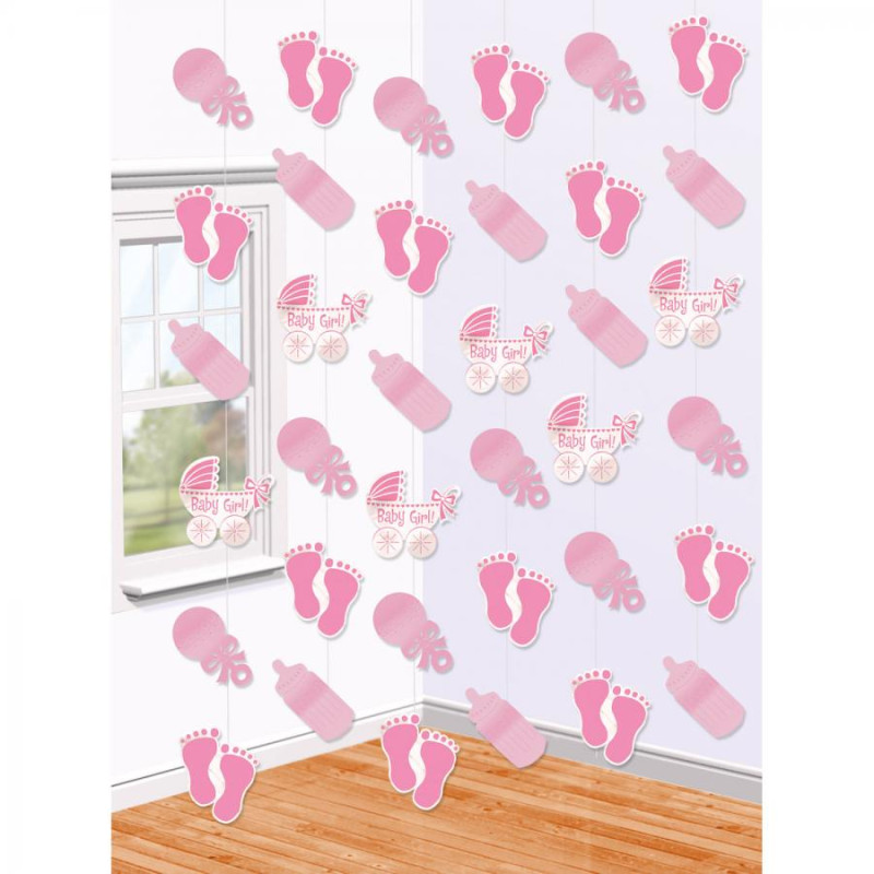 Festone pendenti NASCITA ROSA con piedini, biberon, carrozino  - 6 fili da 2mt
