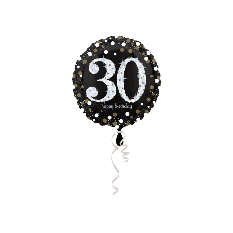 Palloncino foil mylar 30 ANNI colore NERO e ARGENTO con stampa olografica - 45 cm
