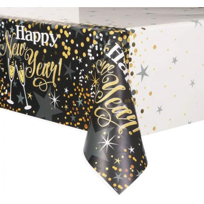 Tovaglia in plastica Happy New Year NERO e ORO capodanno natale - 1,37x2,13 M