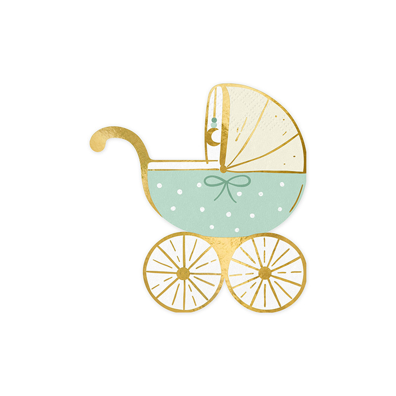 20 Tovaglioli in carta a forma di CARROZZINO celeste azzurro e oro nascita bimbo