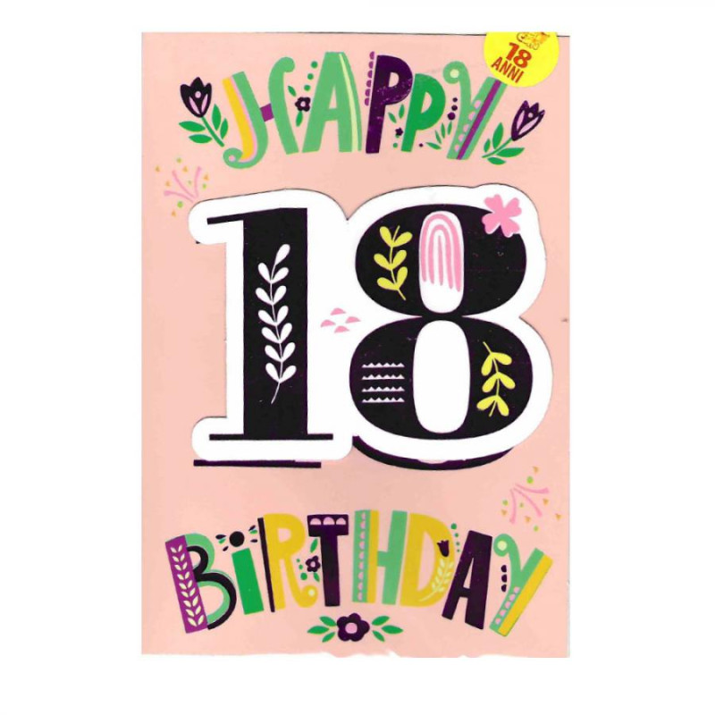 Biglietto d'auguri augurale 18 Anni Rosa - Happy Birthday - completo di busta