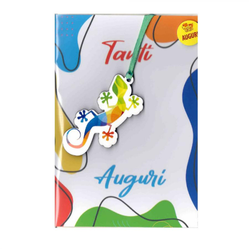 Biglietto augurale TANTI auguri generico - ciondolo in legno geko