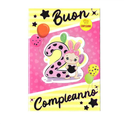 Biglietto Compleanno 2 anni Rosa Bimba Bambina con coniglietto