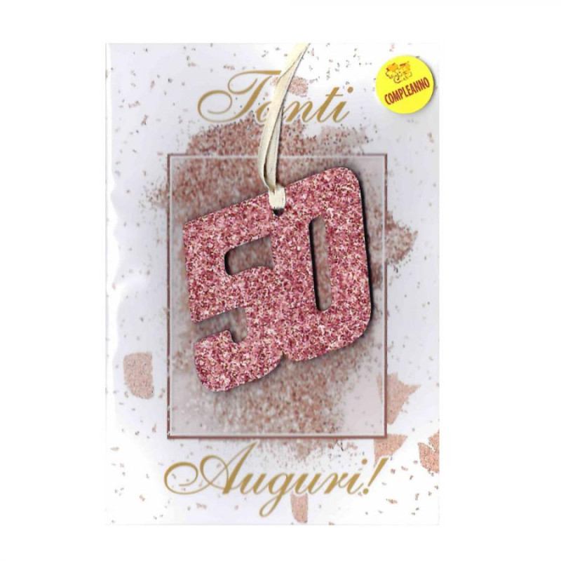 Biglietto d'auguri augurale compleanno 50 anni- con ciondolo in legno 50 rosa