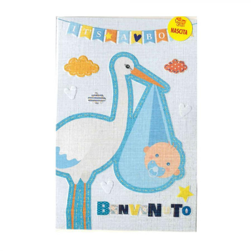 Biglietto d'auguri Nascita Benvenuto Bimbo bambino con cicogna Celeste con busta
