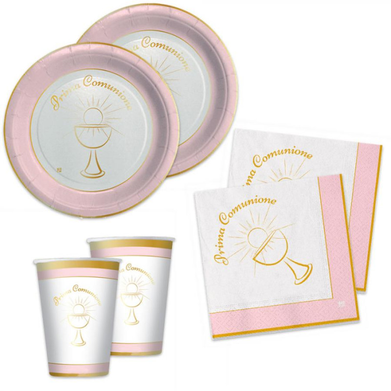 Coordinato feste tavola PRIMA COMUNIONE colore ROSA piatti bicchieri tovaglioli