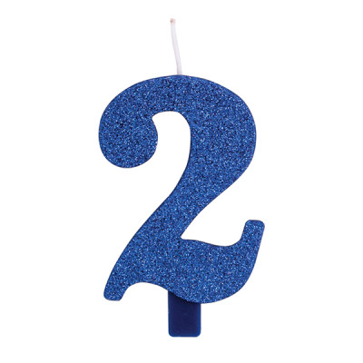 CANDELA numero 2 BLU GLITTER - candelina in cera per torta