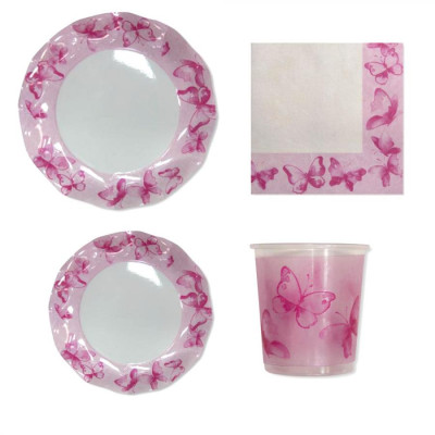 Coordinato feste tavola FARFALLE PINK -  piatti bicchieri tovaglioli