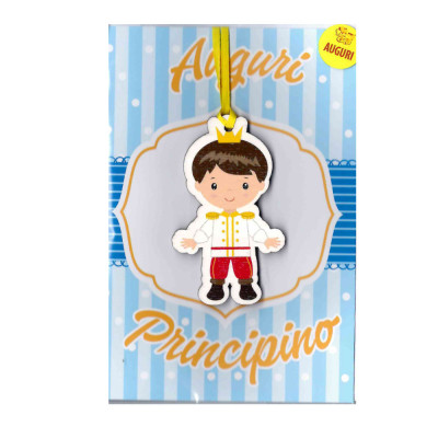Biglietto augurale di compleanno AUGURI PRINCIPINO CELESTE con ciondolo in legno