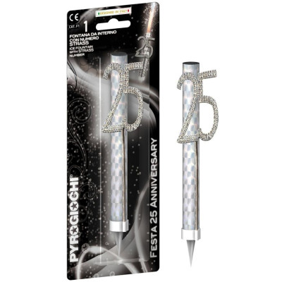 Candela Fiaccola 25 anni - Fontana per Torta con numero glitterato Argento