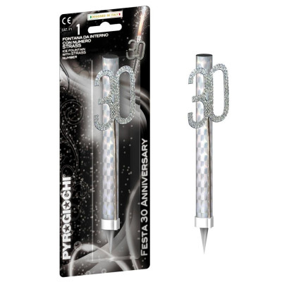 Candela Fiaccola 30 anni - Fontana per Torta con numero glitterato Argento