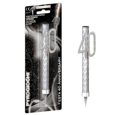 Candela Fiaccola 40 anni - Fontana per Torta con numero glitterato Argento
