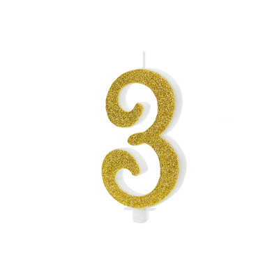 CANDELA MAXI numero 3 ORO GLITTER per torta dolci - candelina in cera numerale