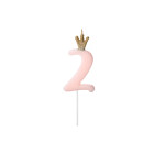CANDELA numero 2 ROSA con corona ORO - candelina primo compleanno per torta