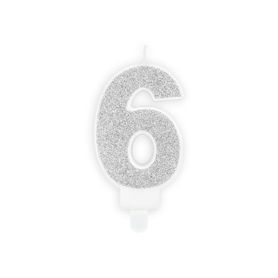 CANDELA numero 6 Argento GLITTER per torta - candelina in cera numerale per dolci