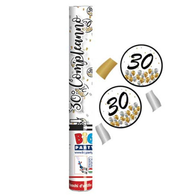 Cannone SPARACORIANDOLI 30 ANNI ORO, Argento, Nero- Tubo lancia coriandoli 30cm