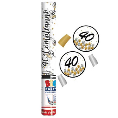 Cannone SPARACORIANDOLI 40 ANNI ORO, Argento, Nero- Tubo lancia coriandoli 30cm