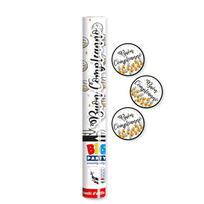 Cannone SPARACORIANDOLI Buon Compleanno ORO, Argento - Tubo lancia coriandoli 30cm