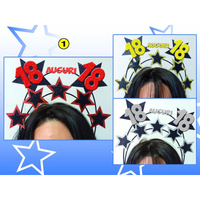 Cerchietto Frontino Auguri 18 Anni stelle Color ROSSO Glitter BUON COMPLEANNO