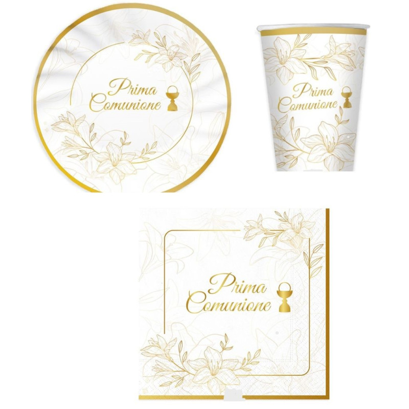 Coordinato feste tavola PRIMA COMUNIONE ELEGANT bianco e oro piatti bicchieri tovaglioli