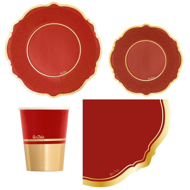 Coordinato festa Liberty ROSSO bordo oro lucido piatti bicchieri tovaglioli -addobbo Natale compleanno