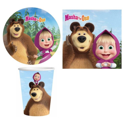 Coordinato tavola Masha Orso feste bambini piatti bicchieri tovaglioli - 36pezzi